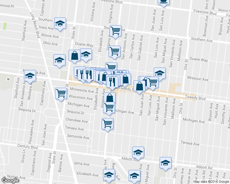 map of restaurants, bars, coffee shops, grocery stores, and more near 10000 California Avenue in South Gate