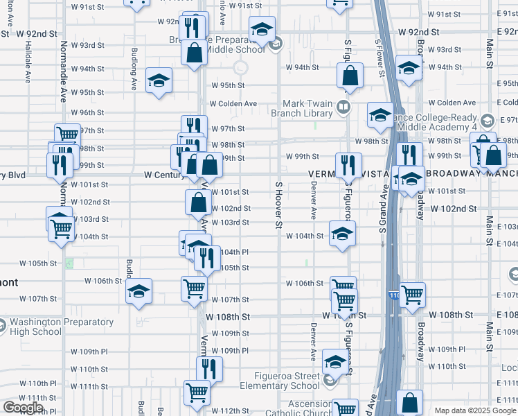 map of restaurants, bars, coffee shops, grocery stores, and more near 742 West 102nd Street in Los Angeles