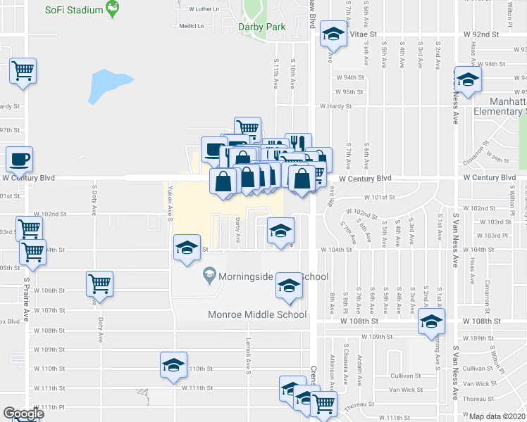 map of restaurants, bars, coffee shops, grocery stores, and more near 10201 Woodworth Avenue in Inglewood