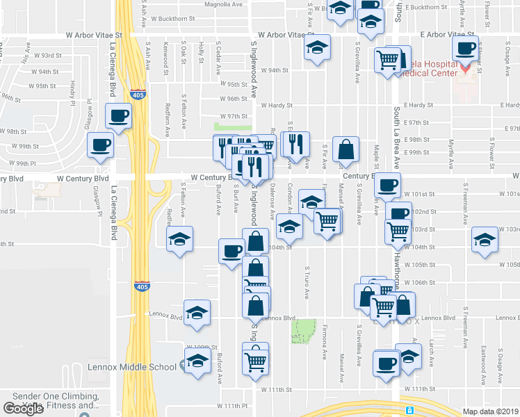 map of restaurants, bars, coffee shops, grocery stores, and more near 10205 Dalerose Avenue in Inglewood