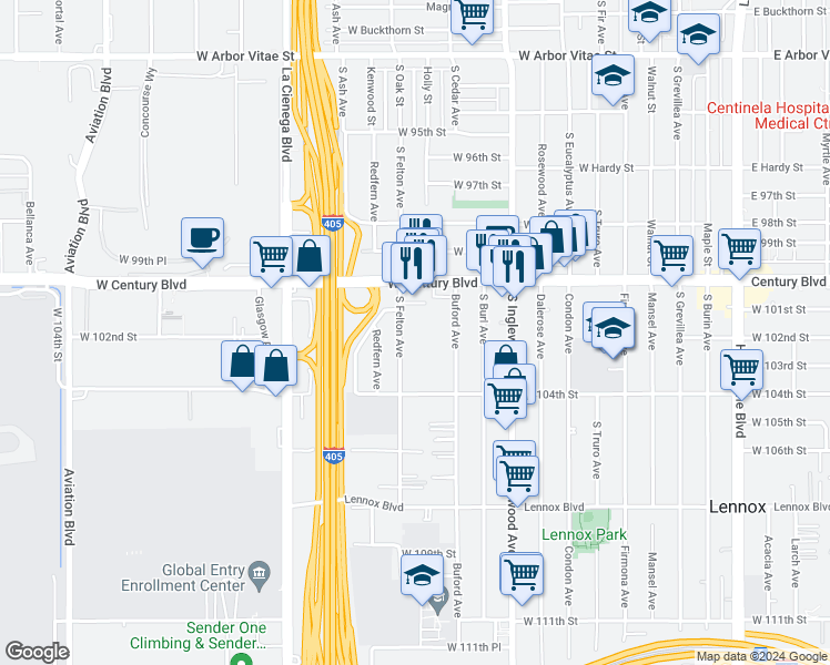map of restaurants, bars, coffee shops, grocery stores, and more near 10202 Felton Avenue in Inglewood