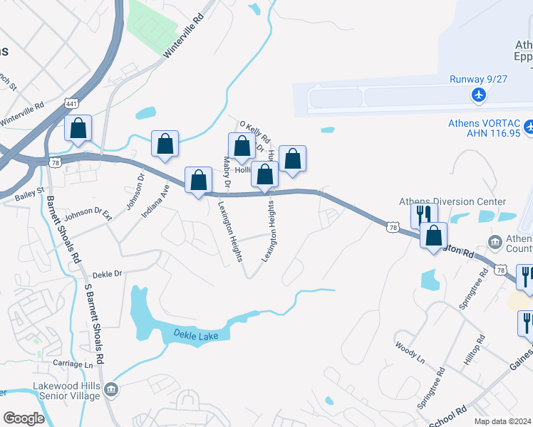 map of restaurants, bars, coffee shops, grocery stores, and more near 418 Lexington Heights in Athens