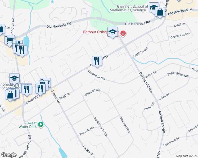 map of restaurants, bars, coffee shops, grocery stores, and more near 811 Oakland Falls Court in Lawrenceville