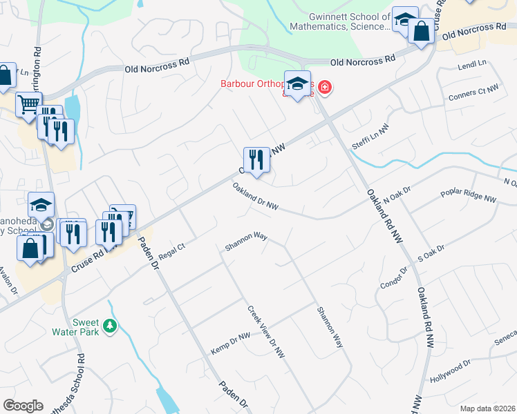 map of restaurants, bars, coffee shops, grocery stores, and more near 821 Oakland Falls Court in Lawrenceville
