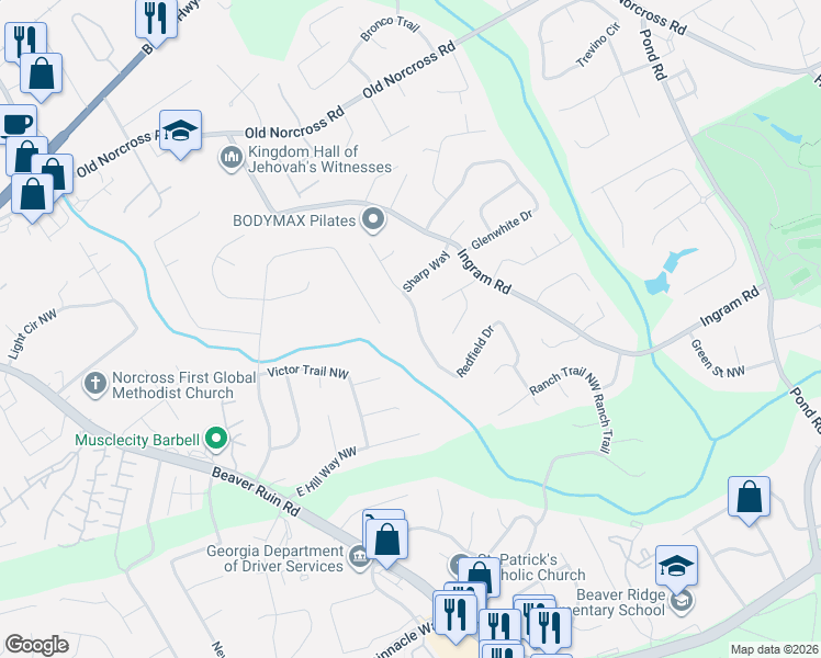 map of restaurants, bars, coffee shops, grocery stores, and more near 2526 Redfield Drive in Norcross