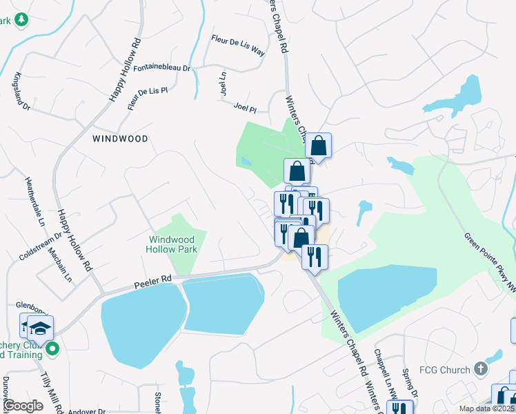 map of restaurants, bars, coffee shops, grocery stores, and more near 3108 Garrard Place in Dunwoody