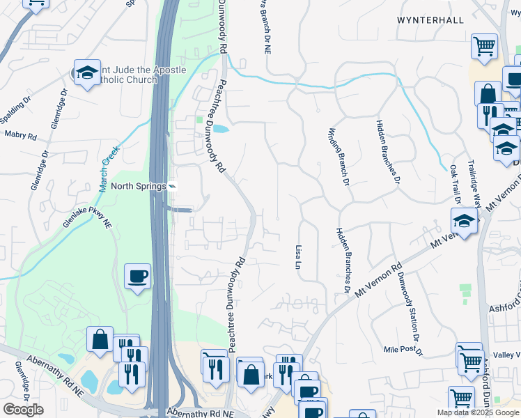 map of restaurants, bars, coffee shops, grocery stores, and more near 6890 Peachtree Dunwoody Road in Atlanta