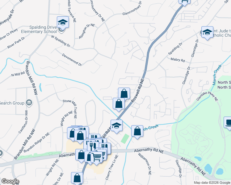 map of restaurants, bars, coffee shops, grocery stores, and more near 6900 Roswell Road in Sandy Springs