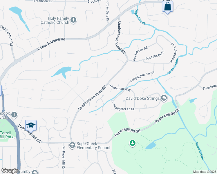 map of restaurants, bars, coffee shops, grocery stores, and more near 301 Huntsman Court Southeast in Marietta