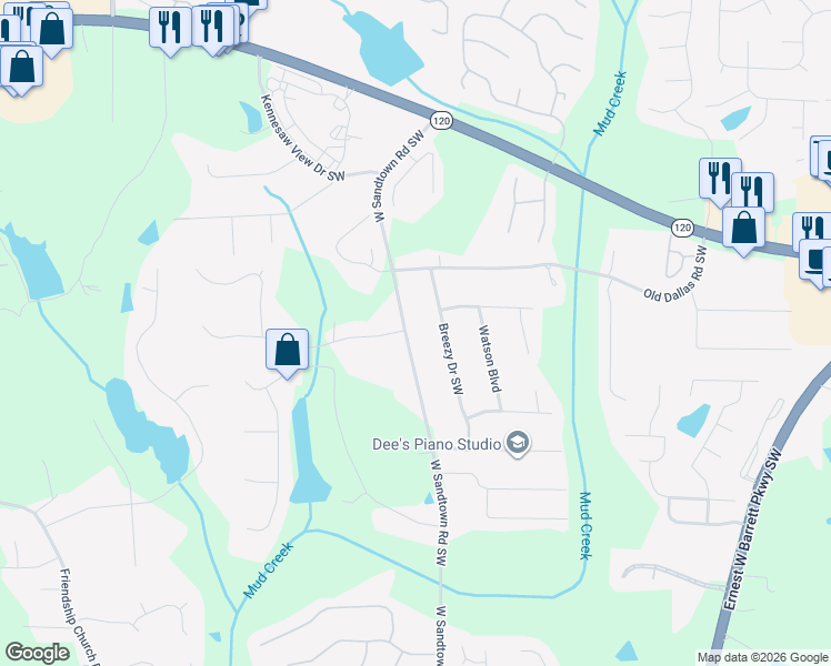 map of restaurants, bars, coffee shops, grocery stores, and more near 409 West Sandtown Road Southwest in Marietta