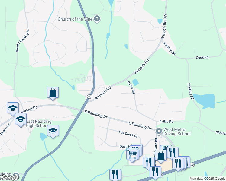 map of restaurants, bars, coffee shops, grocery stores, and more near 228 Antioch Road in Dallas