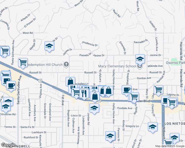 map of restaurants, bars, coffee shops, grocery stores, and more near 10303 Pounds Avenue in Whittier