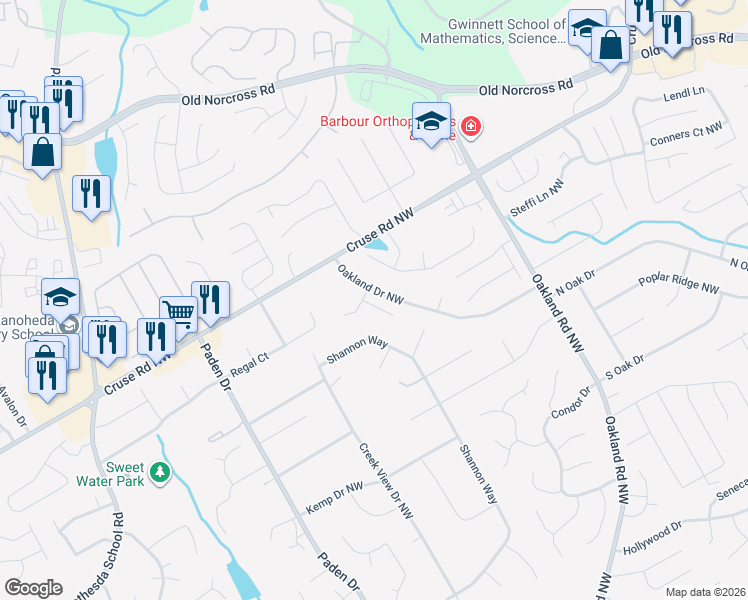 map of restaurants, bars, coffee shops, grocery stores, and more near 821 Oakland Falls Court in Lawrenceville