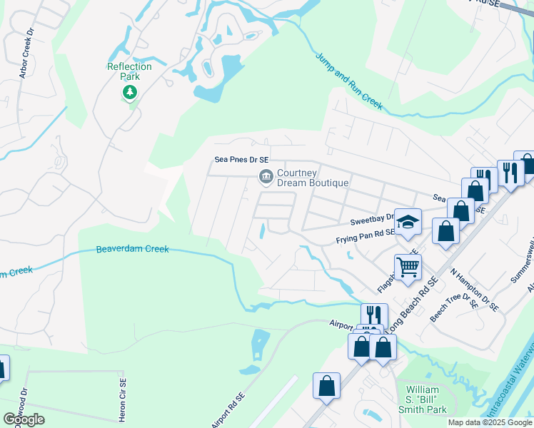 map of restaurants, bars, coffee shops, grocery stores, and more near 4413 Dutch Elm Drive Southeast in Southport