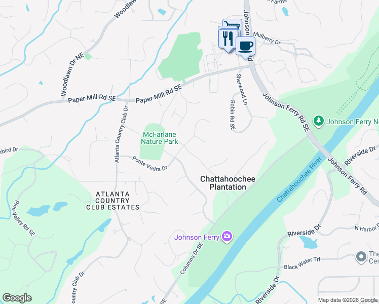 map of restaurants, bars, coffee shops, grocery stores, and more near 345 Dogwood Trail in Marietta