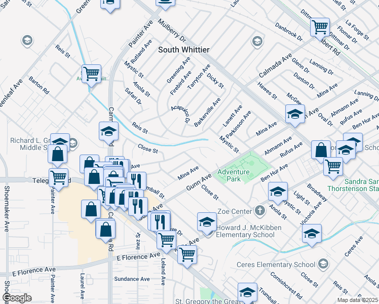 map of restaurants, bars, coffee shops, grocery stores, and more near 13649 Reis Street in Whittier