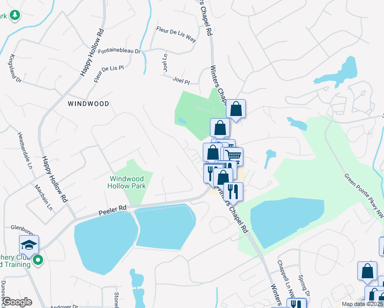 map of restaurants, bars, coffee shops, grocery stores, and more near 3086 Branham Drive in Dunwoody