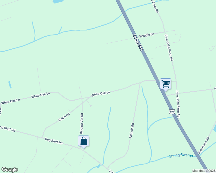 map of restaurants, bars, coffee shops, grocery stores, and more near 1160 White Oak Lane in Galivants Ferry