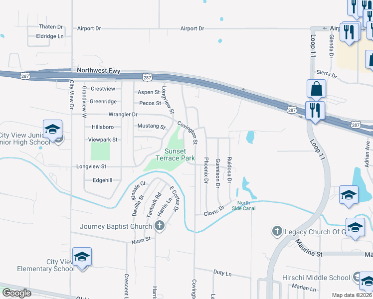 map of restaurants, bars, coffee shops, grocery stores, and more near 1607 Cimarron Trail in Wichita Falls