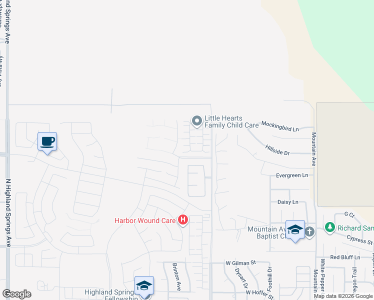 map of restaurants, bars, coffee shops, grocery stores, and more near 1989 Redwood Lane in Banning