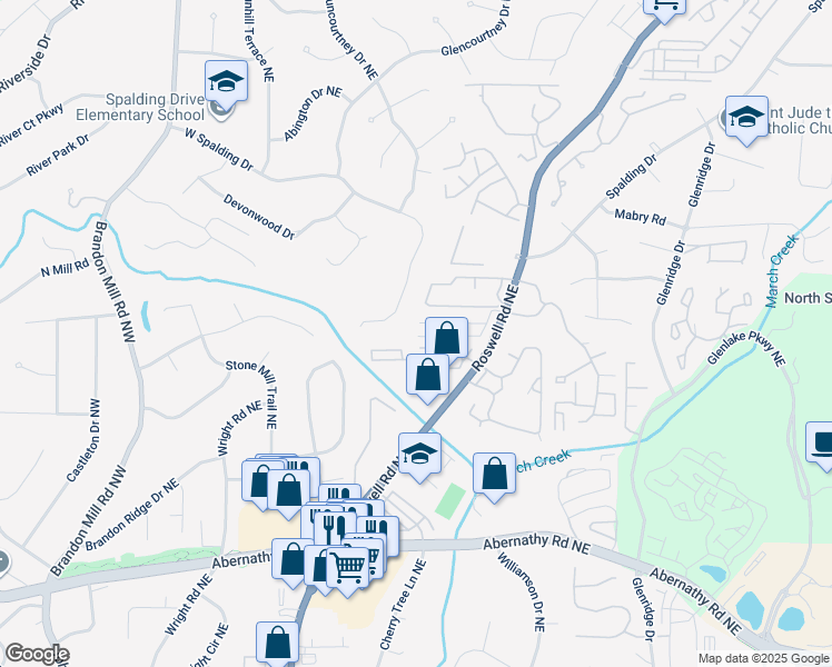 map of restaurants, bars, coffee shops, grocery stores, and more near 6900 Roswell Road in Sandy Springs