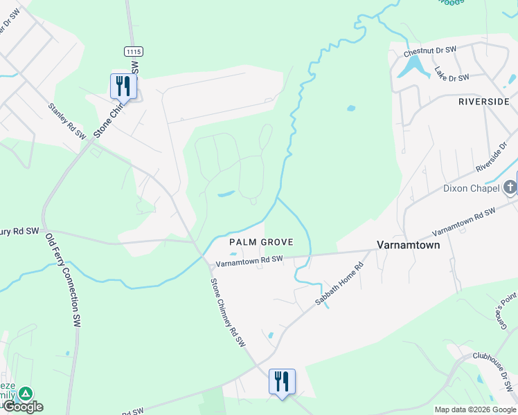 map of restaurants, bars, coffee shops, grocery stores, and more near Palm Grove in Varnamtown