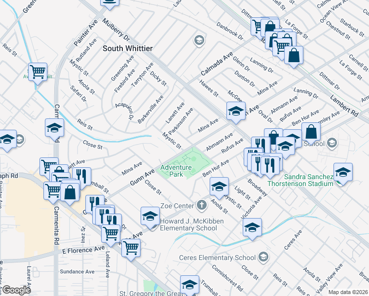 map of restaurants, bars, coffee shops, grocery stores, and more near 10033 Gunn Avenue in Whittier