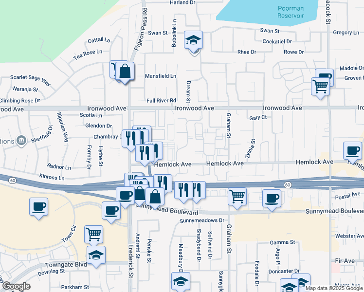 map of restaurants, bars, coffee shops, grocery stores, and more near 12159 Calle Sombra in Moreno Valley
