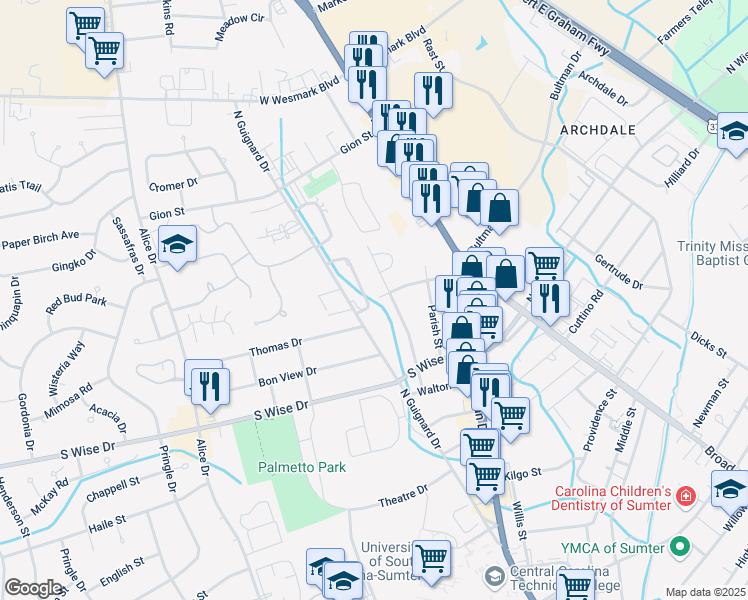 map of restaurants, bars, coffee shops, grocery stores, and more near 1903 Coral Way in Sumter