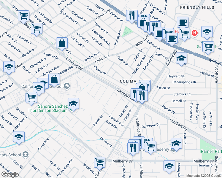 map of restaurants, bars, coffee shops, grocery stores, and more near 14726 Lambert Road in Whittier