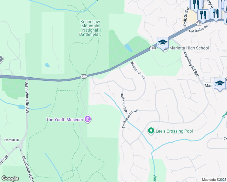 map of restaurants, bars, coffee shops, grocery stores, and more near 361 Hermitage Court in Marietta
