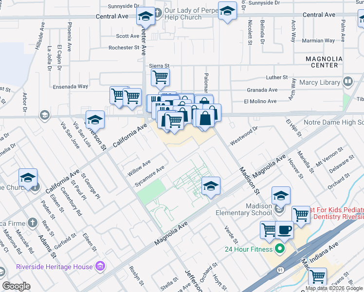 map of restaurants, bars, coffee shops, grocery stores, and more near 4010 Madison Street in Riverside