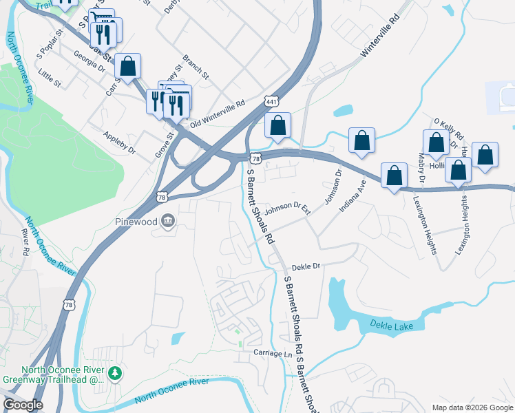 map of restaurants, bars, coffee shops, grocery stores, and more near 215 Johnson Drive Extension in Athens