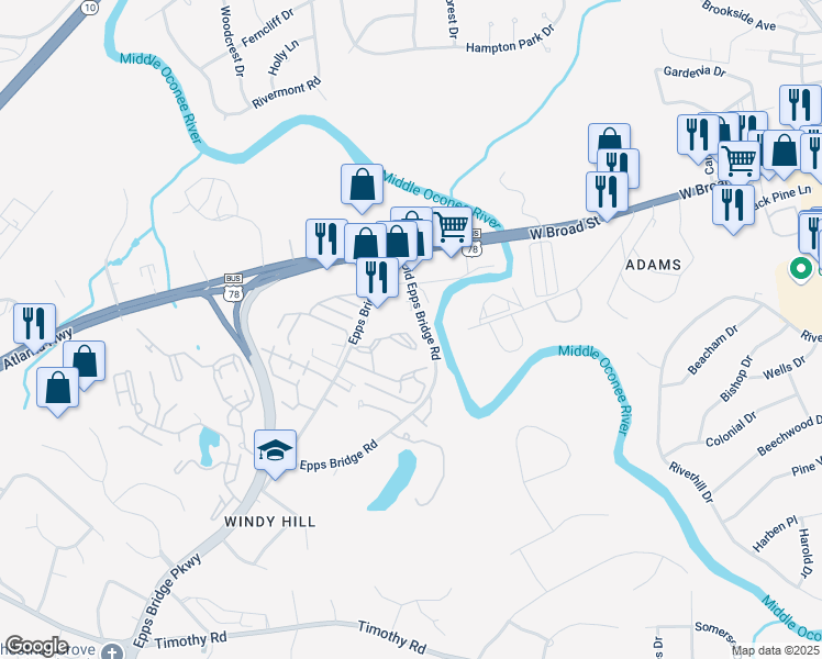 map of restaurants, bars, coffee shops, grocery stores, and more near 130 Sussex Drive in Athens