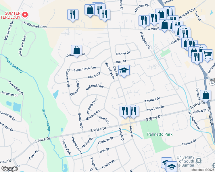 map of restaurants, bars, coffee shops, grocery stores, and more near 871 Bay Blossom Avenue in Sumter