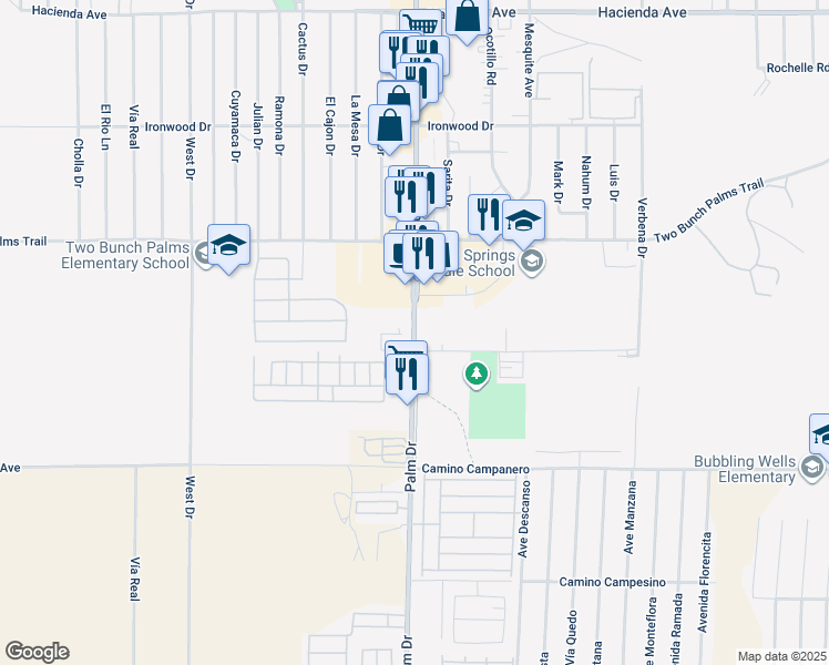 map of restaurants, bars, coffee shops, grocery stores, and more near 14256 Palm Drive in Desert Hot Springs