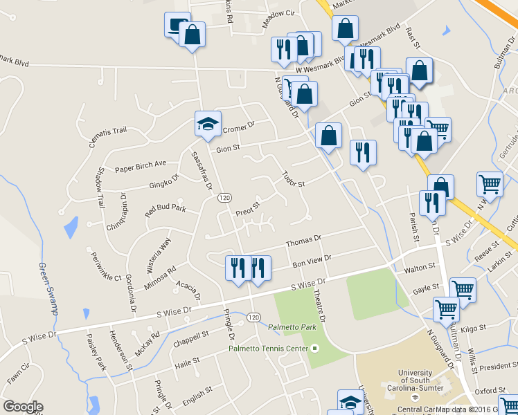 map of restaurants, bars, coffee shops, grocery stores, and more near 2254 Preot Street in Sumter