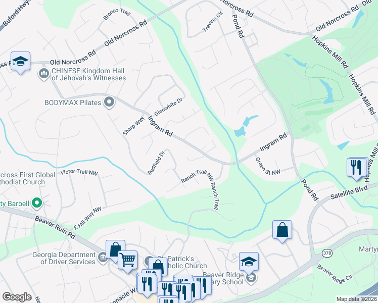 map of restaurants, bars, coffee shops, grocery stores, and more near 4985 Raquet Court in Duluth