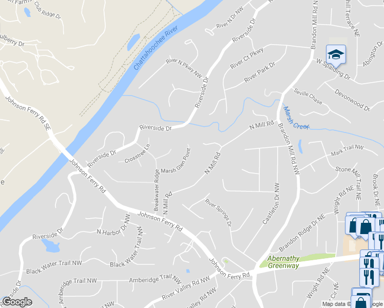 map of restaurants, bars, coffee shops, grocery stores, and more near 205 Marsh Glen Point in Atlanta