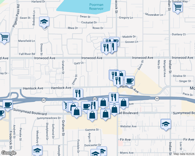 map of restaurants, bars, coffee shops, grocery stores, and more near 12043 Webb Street in Moreno Valley