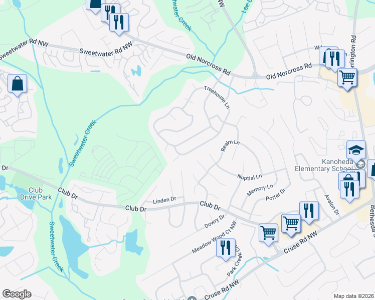 map of restaurants, bars, coffee shops, grocery stores, and more near 2570 Treehouse Lane in Lawrenceville