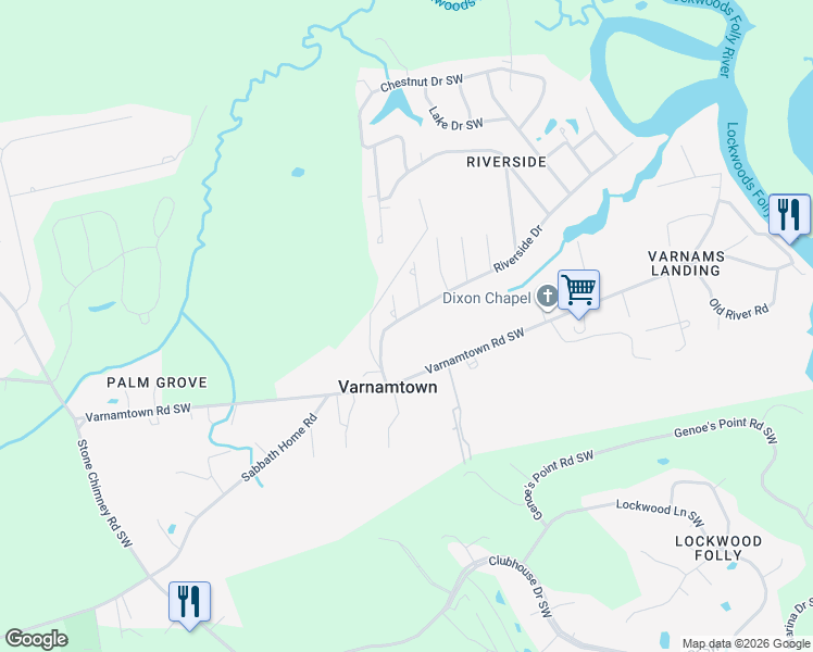 map of restaurants, bars, coffee shops, grocery stores, and more near 285 Riverside Drive in Varnamtown