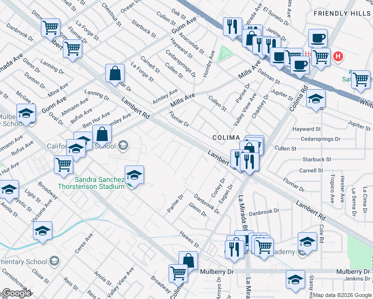 map of restaurants, bars, coffee shops, grocery stores, and more near 9926 Bonavista Lane in Whittier