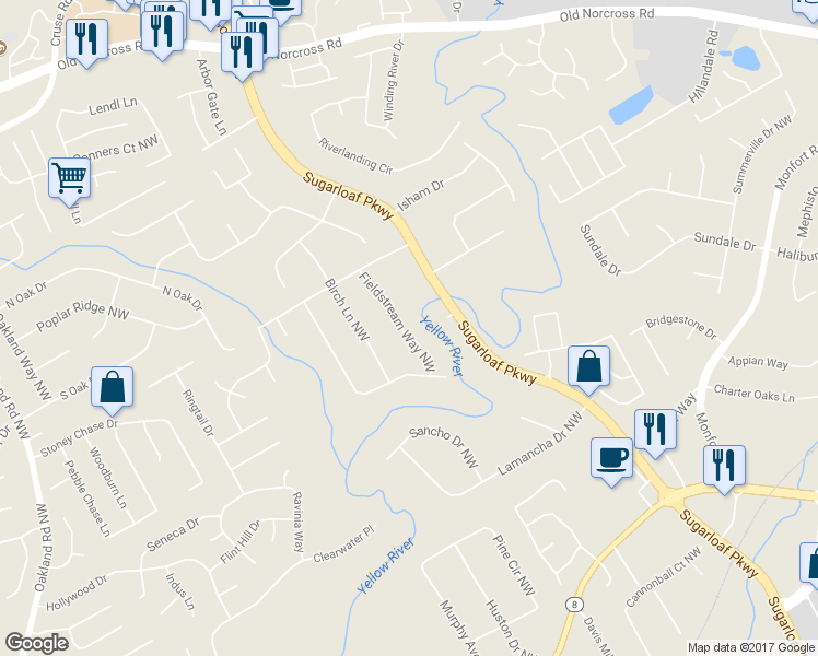 map of restaurants, bars, coffee shops, grocery stores, and more near 504 Fieldstream Way Northwest in Lawrenceville