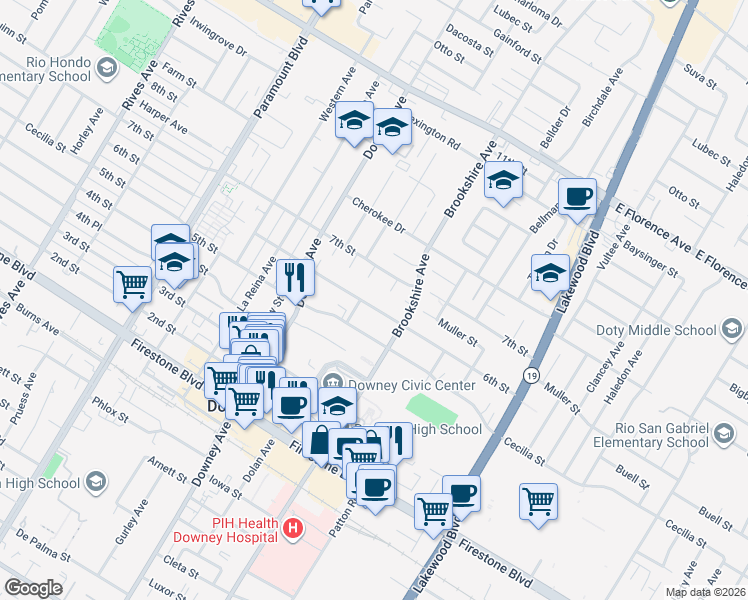 map of restaurants, bars, coffee shops, grocery stores, and more near 8413 6th Street in Downey