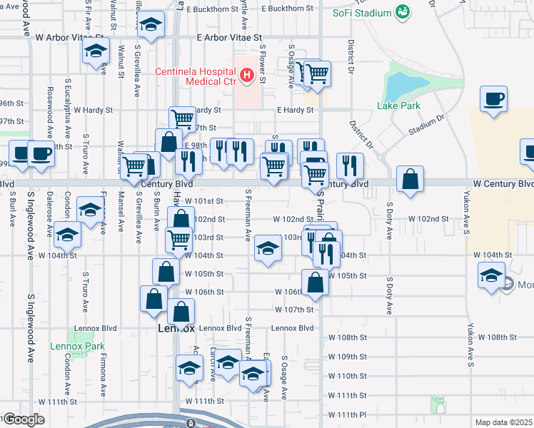 map of restaurants, bars, coffee shops, grocery stores, and more near 4115 West 102nd Street in Inglewood