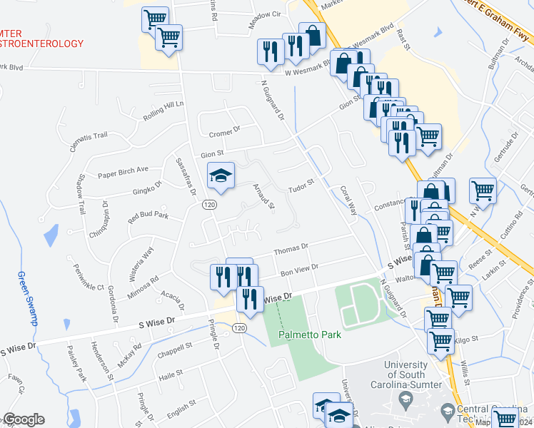 map of restaurants, bars, coffee shops, grocery stores, and more near 920 Arnaud Street in Sumter