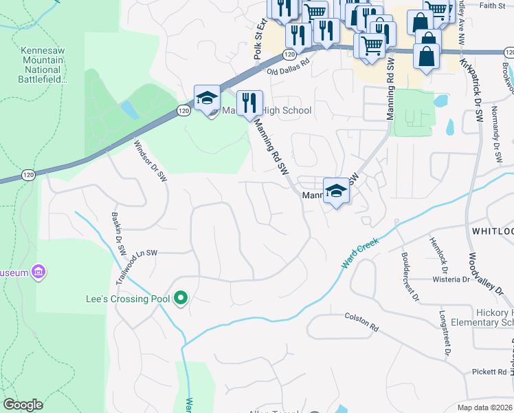 map of restaurants, bars, coffee shops, grocery stores, and more near 417 Rockford Pass Southwest in Marietta