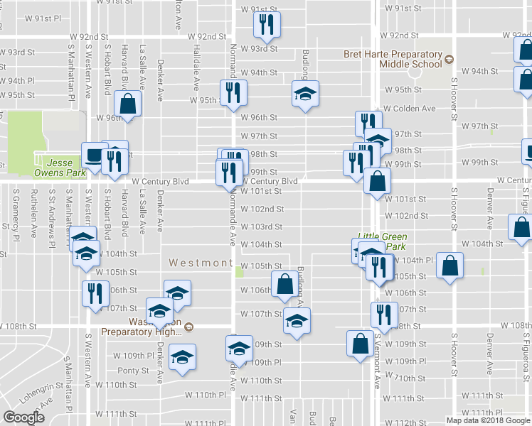 map of restaurants, bars, coffee shops, grocery stores, and more near 1300 West 102nd Street in Los Angeles
