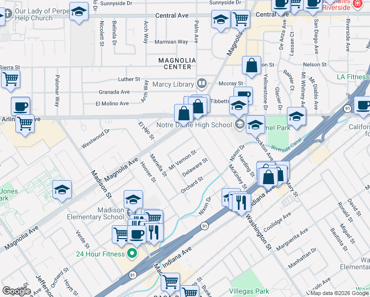 map of restaurants, bars, coffee shops, grocery stores, and more near 7159 Mount Vernon Street in Riverside